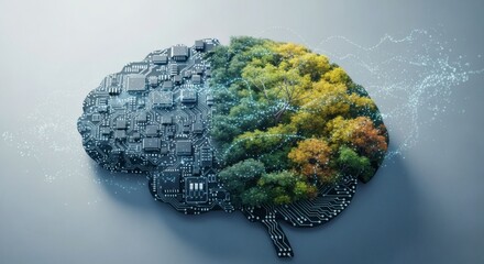 ai and nature integration brain concept with circuit board and lush green forest