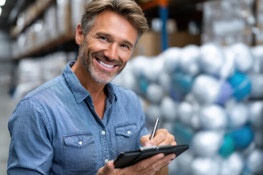 Smiling warehouse manager checks inventory on tablet while standing among storage supplies