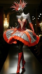 Striking runway look featuring an avant-garde red and silver outfit with theatrical headpiece and patterned boots.