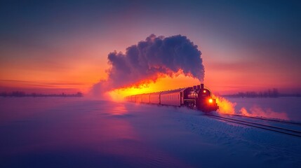 Steam train on a snowy landscape at sunset