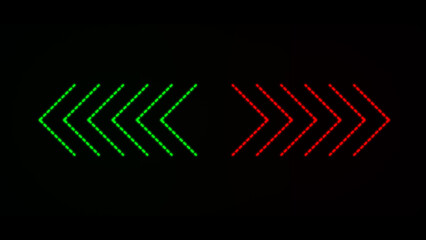 Neon glowing left & right arrow illustration on a dark background.	