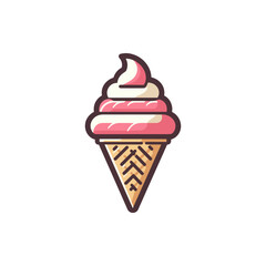 A colorful ice cream cone with swirls of pink and white, set against a plain background