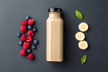Healthy Fruit Smoothie with Berries, Banana, and Protein Shake on Dark Background"


