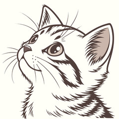 Black and white vector cartoon illustration of a cute domestic kitten