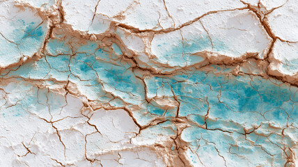 Fototapeta premium Natural cracked mud art with embedded turquoise sediment in grooves