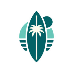 Abstract design featuring a surfboard silhouette with a palm tree and sun, evoking a tropical beach vibe