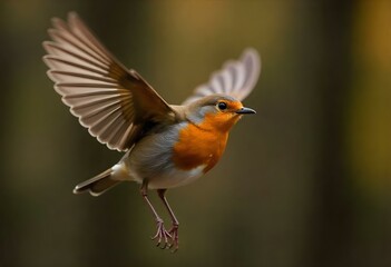 A robin bird with orange breast and grey wings flying in a forest with a blurred background