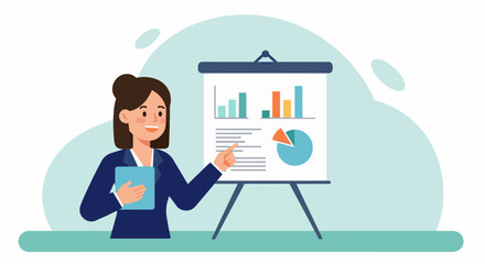 Business Presentation: Woman Explaining Data Charts. Businesswoman giving a presentation, pointing at data charts on a whiteboard, symbolizing business analysis and effective communication.