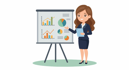 Business Presentation: Woman Explaining Data Charts. Businesswoman giving a presentation, pointing at data charts on a whiteboard, symbolizing business analysis and effective communication.