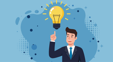 Businessman with Bright Idea and Inspiration. Businessman points at a glowing lightbulb, symbolizing a new idea, inspiration, creativity, or a sudden realization