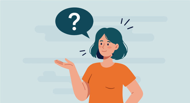 Woman Asking a Question or Presenting an Idea.  Friendly woman with open hand and question mark speech bubble, symbolizing asking, inquiry, or presenting an idea.