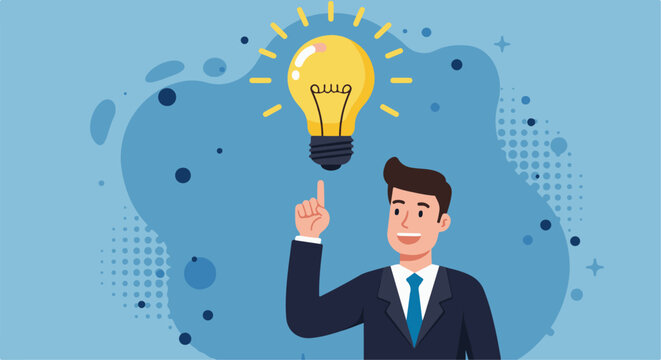 Businessman with Bright Idea and Inspiration. Businessman points at a glowing lightbulb, symbolizing a new idea, inspiration, creativity, or a sudden realization
