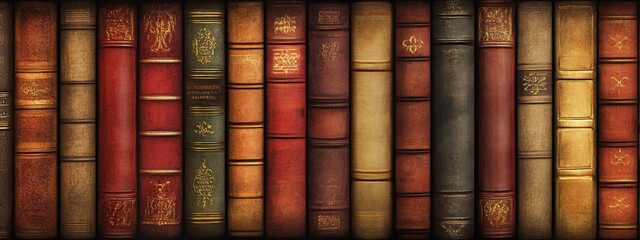 Close up view of a row of antique books with decorative spines in various colors