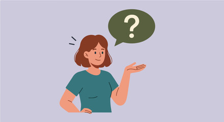 Woman Asking a Question or Presenting an Idea.  Friendly woman with open hand and question mark speech bubble, symbolizing asking, inquiry, or presenting an idea.