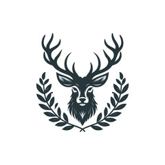 Stylized deer head with antlers surrounded by laurel leaves, suitable for nature-themed designs