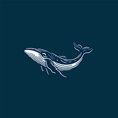 Artistic illustration of a whale swimming gracefully in deep blue ocean waters with abstract patterns