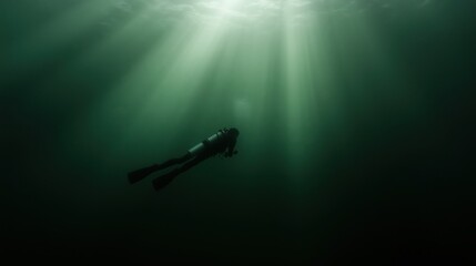scuba diver underwater with mystery sun beams and green shade color of the scene