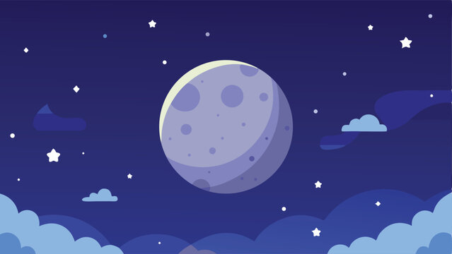 Flat design illustration of moon stars and clouds in a dark night sky