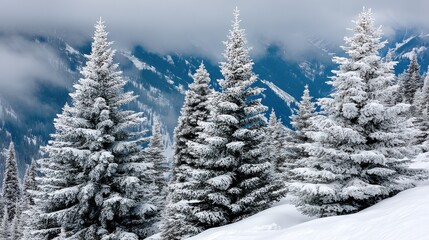 Naklejka premium Snow-covered pine trees stand tall against a misty mountain backdrop, creating a serene winter landscape