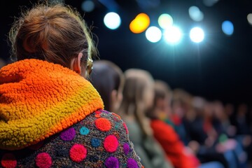 Crowd watching stage show, seen from behind.  Bright lights are above.  The person in front has a colorful jacket with polka dots.