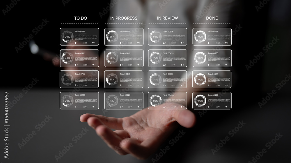 Poster task management tool dashboard showing kanban-style workflow with columns for to do, in progress, in