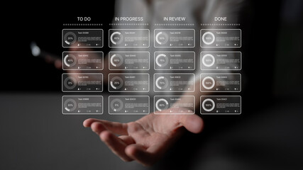Task management tool dashboard showing kanban-style workflow with columns for to do, in progress,...