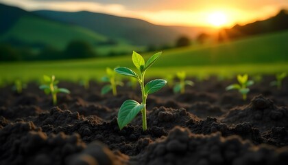 A small green plant growing in dark soil, with a blurred background of green fields and hills under a bright sunset