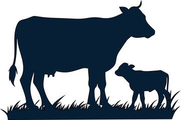 Fototapeta premium Farm animal silhouette of cow and calf, great for country life and milk industry visuals.