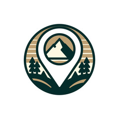Scenic logo featuring a mountain landscape with trees and a location pin symbolizing adventure