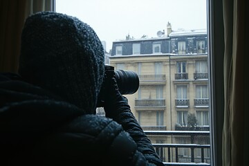 Photographer capturing snowy cityscapes. Bundled up against the cold, the focus is on the scene through a window.