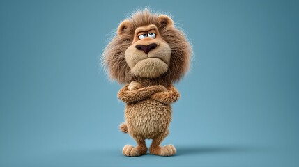 3D Cartoon Lion Character with Grumpy Expression and Crossed Arms, Funny Animal Illustration on Solid Blue Background