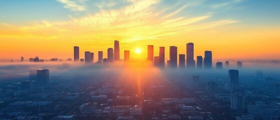 Fototapeta premium Sunrise over a city shrouded in fog
