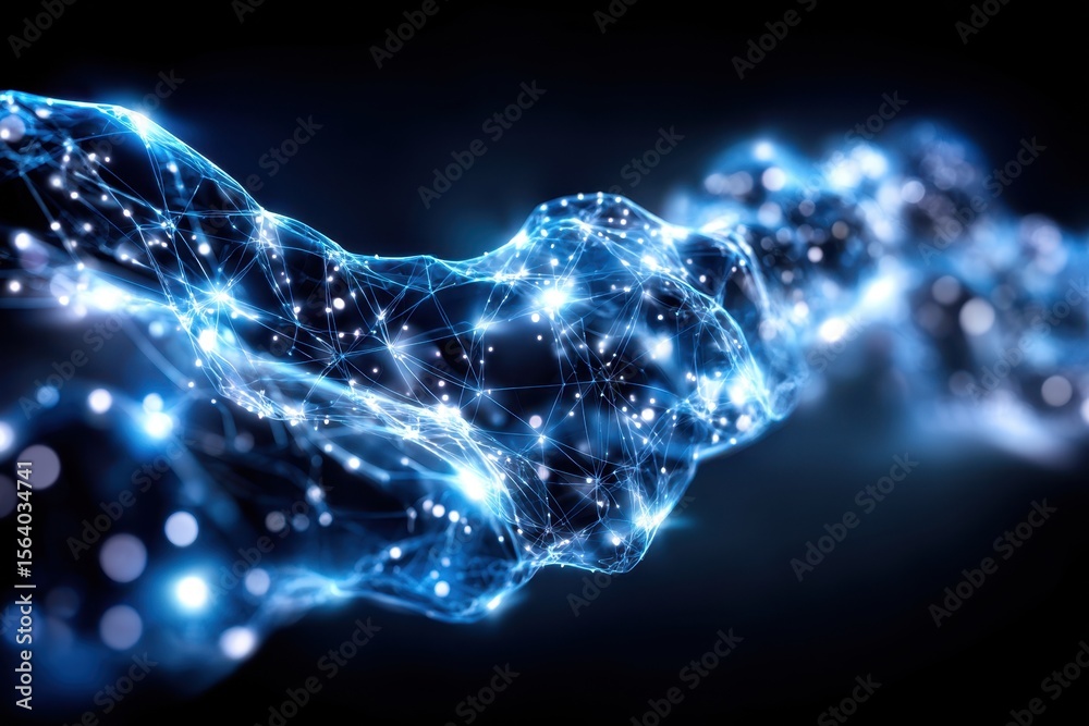 Poster abstract display of interconnected glowing particles flowing through a dark space