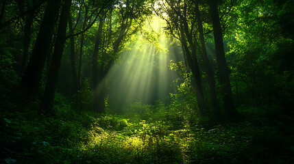 Obraz premium Sunlight filtering through trees in a lush green forest landscape creating a serene ambiance