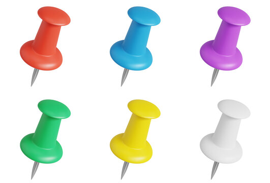 Colorful push pin set. Pushpin for notice paper or corkboard. Notice board pins. 3d illustration icon isolated on transparent background, png