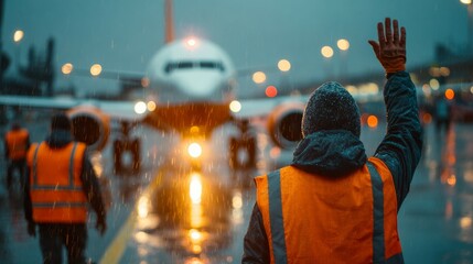 Two workers in orange vests wave goodbye to airplane on rainy runway at night. Emotional farewell moment in aviation transport and crew coordination.
