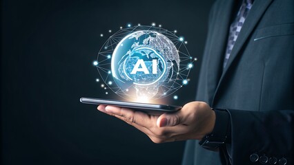 Photo of a businessman holds a smartphone displaying a glowing ai globe symbol, representing global artificial intelligence and digital technology