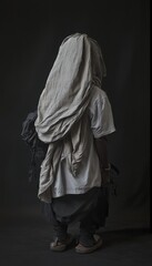 A figure draped in fabric, seen from the back, against a black backdrop evokes mystery and fashion-forward design.