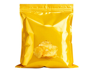 Front View of Sealed Yellow Chips Bag with Glossy Packaging, isolated on transparent background