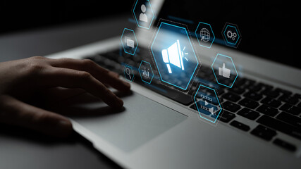 Digital marketing promotion strategy using megaphone, social media marketing, digital ads video...