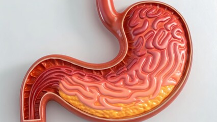 Acid reflux can affect daily life. 3D illustration of a human stomach showcasing its structure and digestive features.