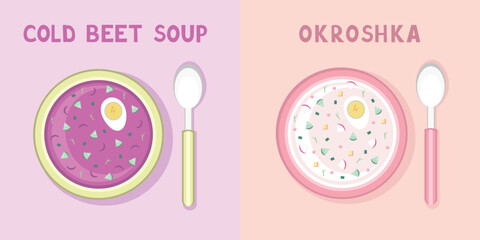 Okroshka, beet cold soup, summer dish. Vector Illustration for printing, backgrounds, covers and packaging. Image can be used for greeting cards, posters and stickers. Isolated on white background.