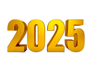 Golden 3D 2025 New Year Numbers with Glossy Finish, Front View, isolated on white background