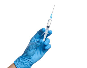 Hand Holding Syringe at an Angle, Ready for Injection, isolated on white background