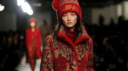 Fashion Model in Red Fair Isle Knitwear on Runway: Stylish knitted hat and printed coat make a bold statement during a fashion show.