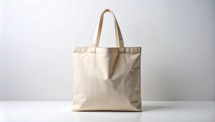 Single Plain Beige Canvas Tote Bag on White Background