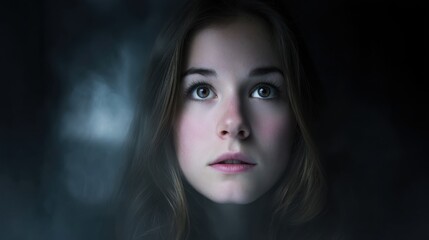 Fototapeta premium Close-up of a young woman with fair skin and long brown hair looking directly at the camera