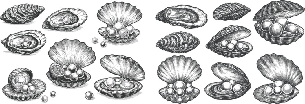 Pearl in Oyster Shell Engraving Set. Vintage hand-drawn vector illustration of seafood and luxury treasure.