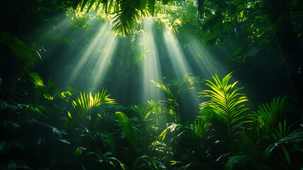Obraz premium Sunlight shining through lush green canopy in a tropical rainforest environment