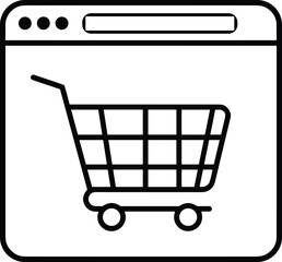 Online shopping cart icon, e-commerce website symbol, digital store element, purchase basket graphic, internet shopping illustration, retail technology, web commerce interface design